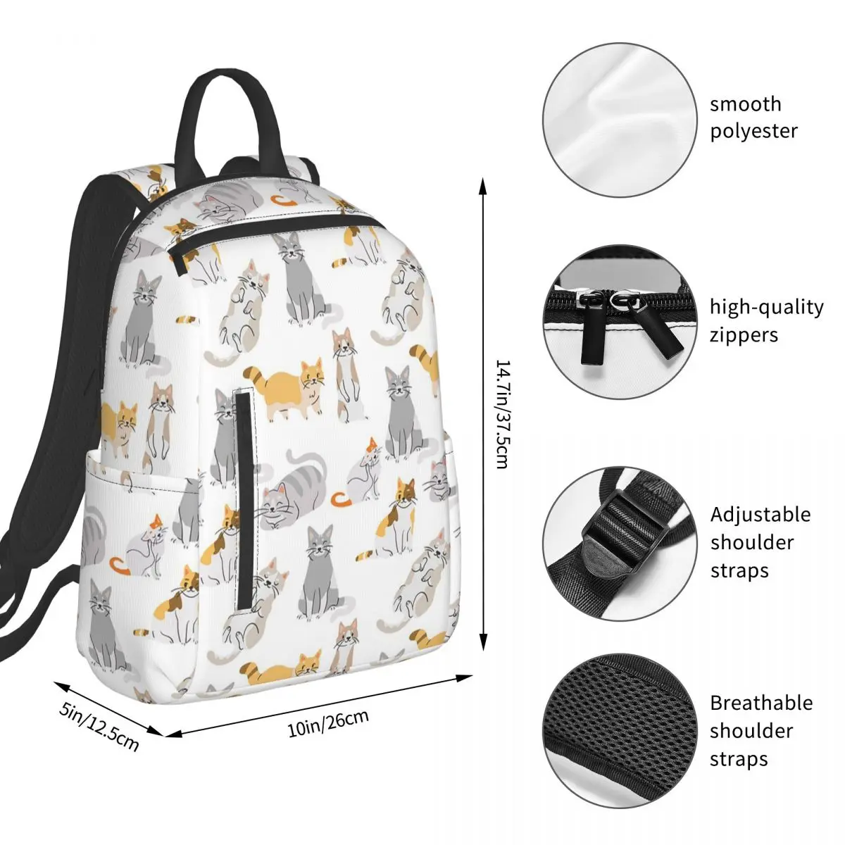Gray Ginger And Siamese Kittens Cats  Backpack Student BookBag Boys Girls School Bag Laptop Shoulder Bags Men Women