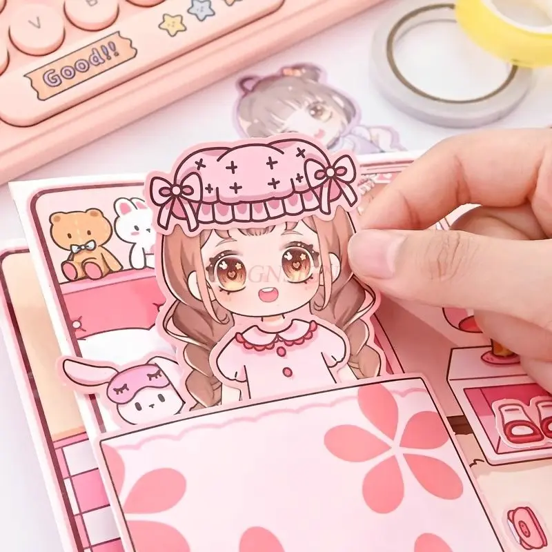 1book Quiet Book Girl's New Non Cutting 3D House Handmade DIY Material Bag No Cutting Change Stickers Book
