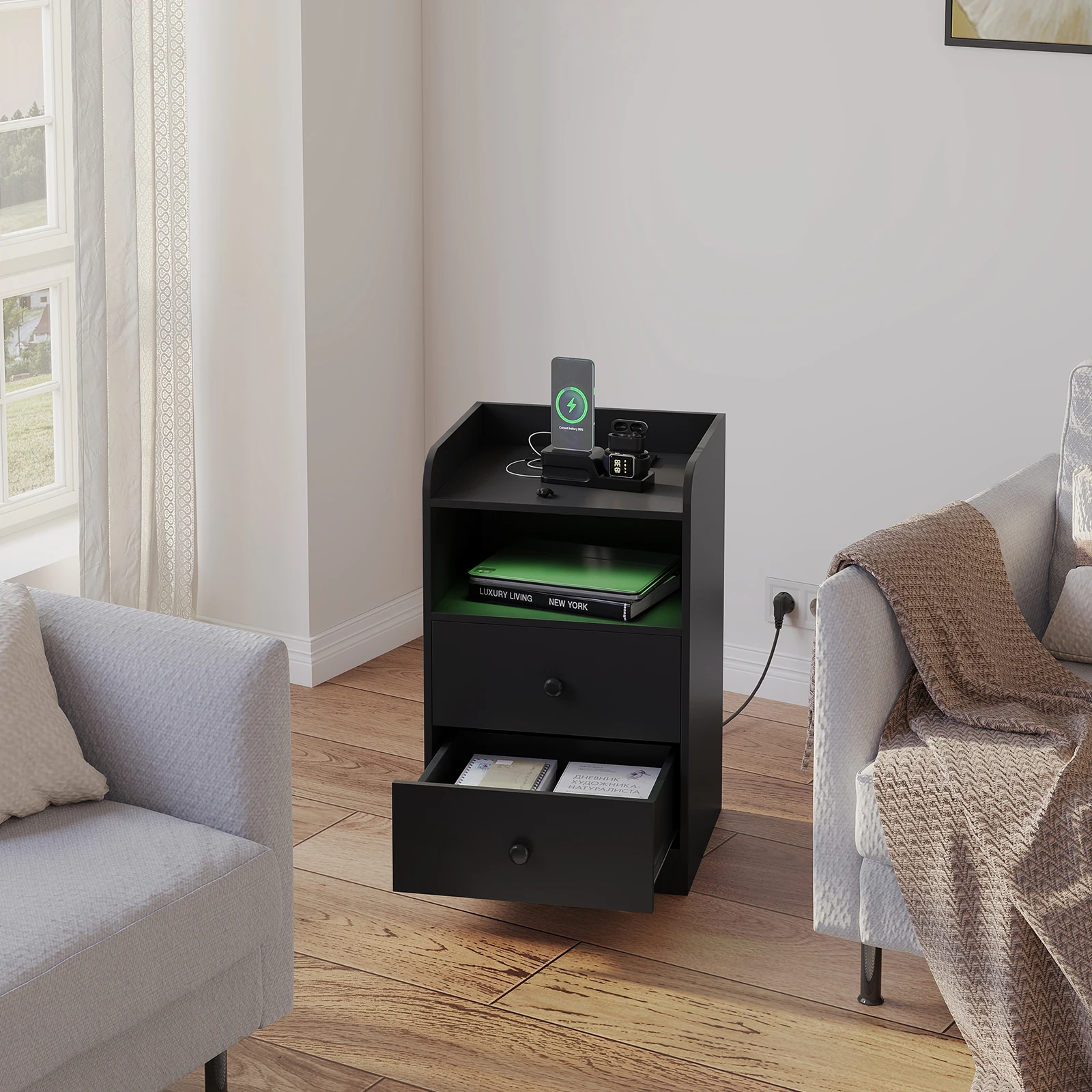 WOLTU Nachttisch, Nachttisch mit Ladestation, USB-Steckdosen, Anschlüsse, Beistelltisch mit LED-Licht, Bettüberzugs-Tisch, Schlafzimmer-Tisch aus Holz – Detail 21