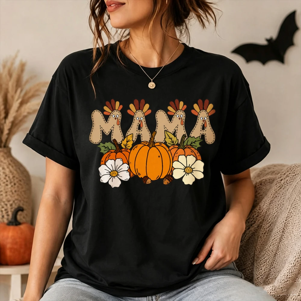 Mama Thanksgiving T Shirt Women Autumn Turkey Pumpkin Graphic Tee Cotton Casual Short Sleeve Tops Mother Day Gift Women Clothing