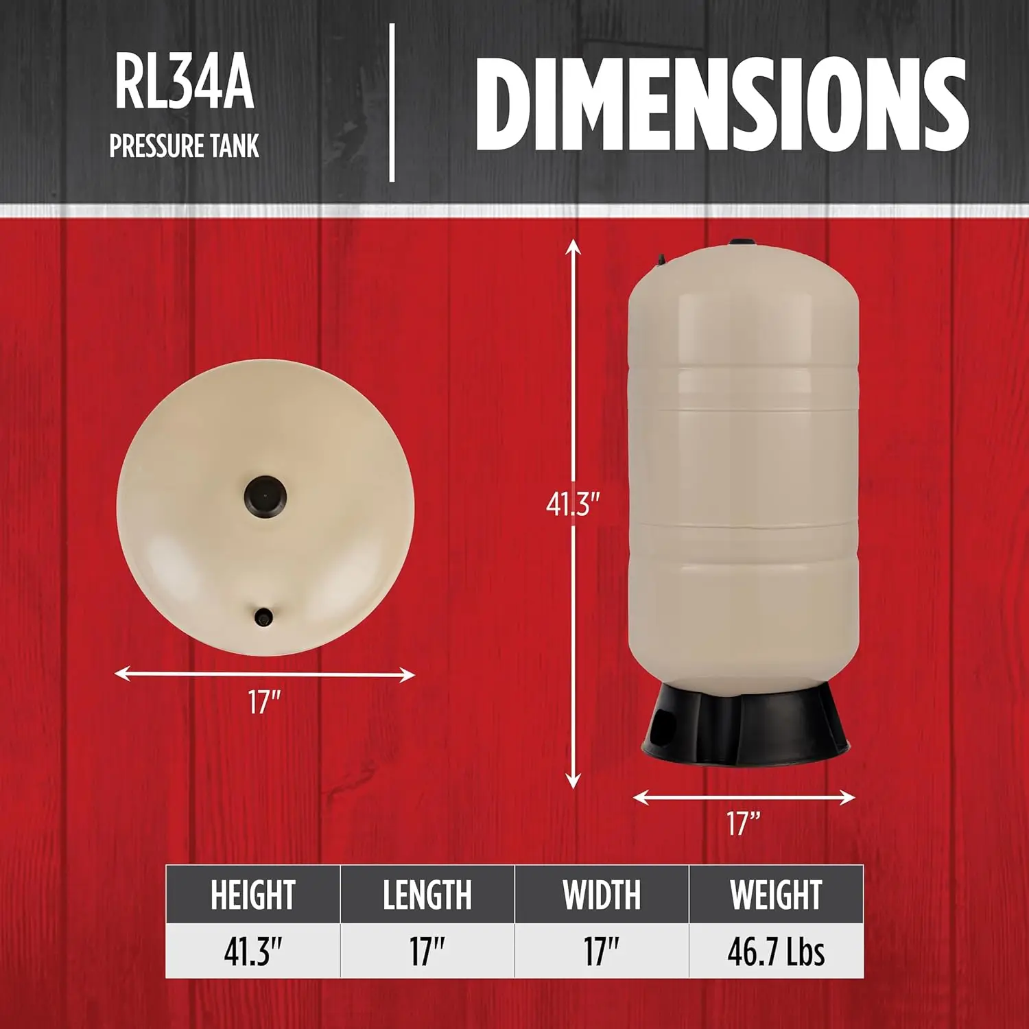 RL34A 34-Gallon Vertical Pre-Charged Pressure Tank with Thermoplastic Base for Well Pumps, 1-Inch FNPT System Connection