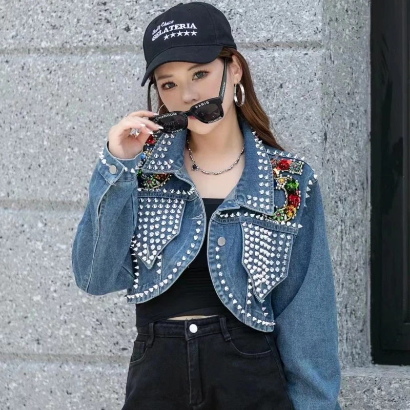 Blue Irregular Short Denim Jacket Heavy Work Rivet Diamond Women Spring Autumn Fashion Lapel Long Sleeve Jeans Jacket Streetwear