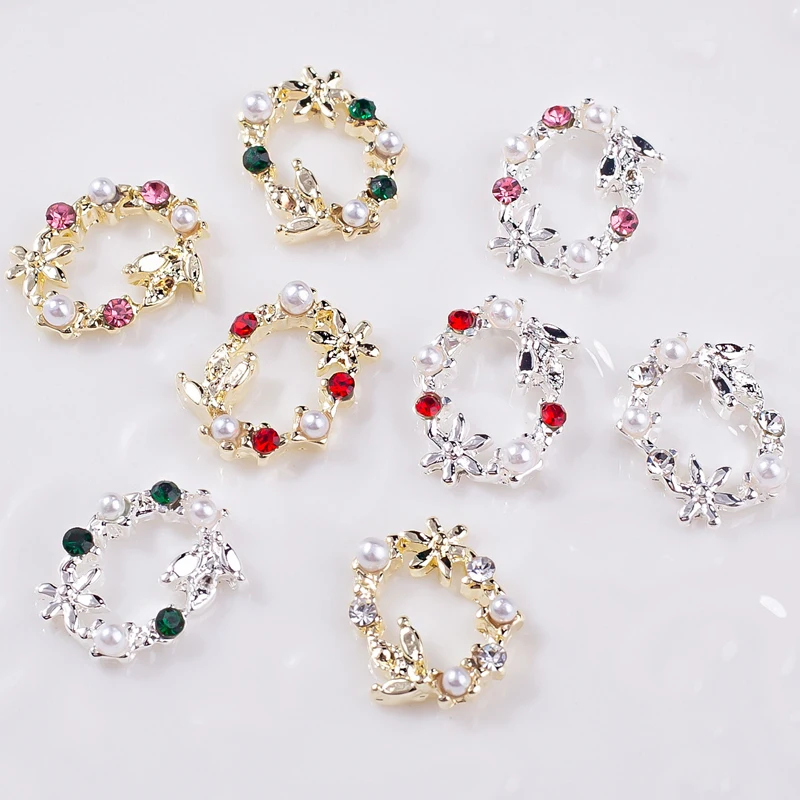 10pcs/Pack Alloy Wreath Gold Silver Nail Charms Decoration Pearl Decor Manicure Nail Gems Rhinestone Nail Art Jewelry Nail Parts