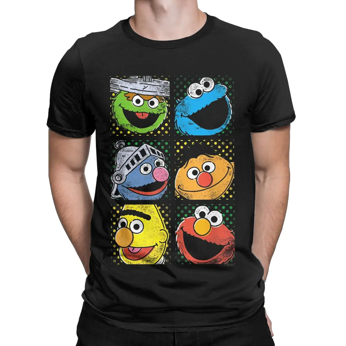 Men T-Shirts Sesames Monster Streets Group Squares Funny Cotton Tees Short Sleeve Cookie Monster T Shirts O Neck Tops Plus Size