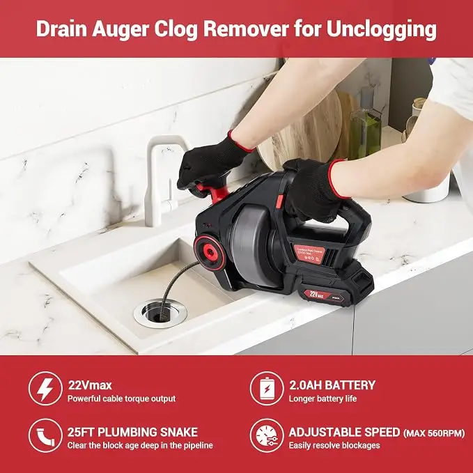 22V Electric Drain Auger, Auger-Efficient 25Ft Auto-Feed Drain Snake,2.0Ah Battery,Charger,Storage Bag & Gloves for Kitchen,Bathroom,Shower Pipes view 6
