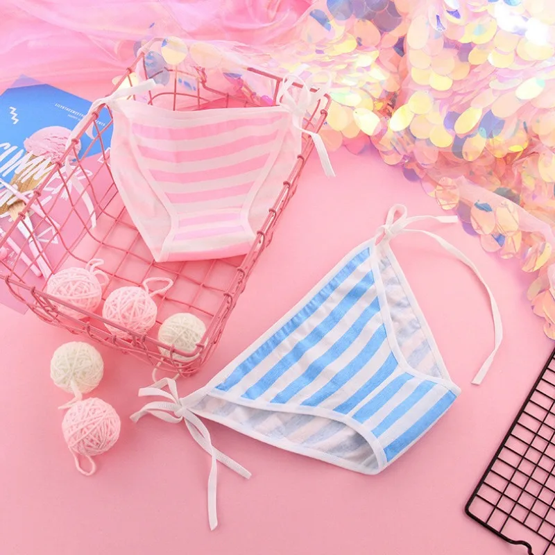 Adorable Kawaii Blue Pink and White Striped Panties Premium Cotton Briefs for Women Cos Lolita Maid Bandage Underwear Lingerie