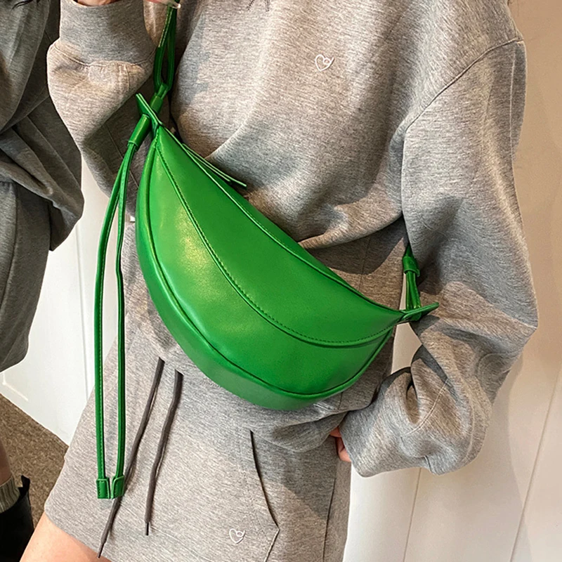 New Personalized Dumpling Bag Simple Personality Green Bag For Women Casual Crescent Shaped Saddle Bag Soft Leather Messenger