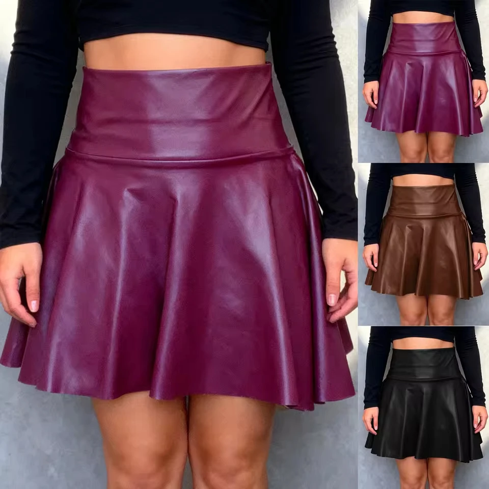 

Womens Sexy Leather Pu Pleated Skirts Women Pleated Skirts Party Club Wear Korean Zip Elastic High Waist Midi Skirt