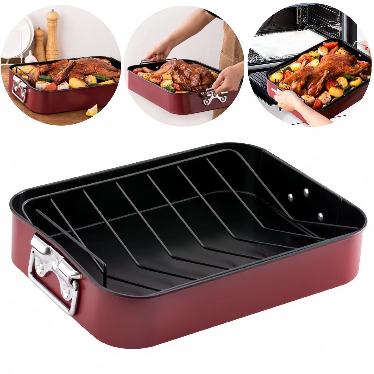 16x12in Stainless Steel Large Turkey Roaster Pan Non-Stick With Rack Handles Large Turkey Roaster Pan Non-Stick With Rack Handle