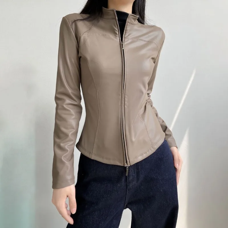 

Autumn PU Leather Jacket for Women's New Slim Fit Waist Cinching with Plush Brushed Inner Faux Lether Coats Versatile Retro Tops