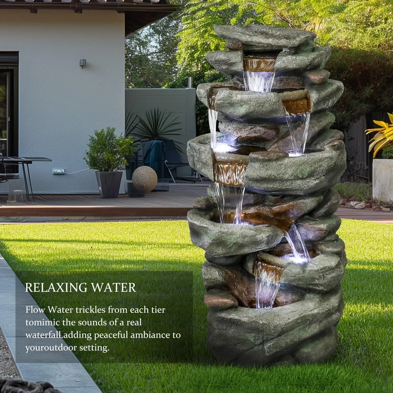 40.5” High Rocks Outdoor Water Fountain - 6-Tiers Cascading Waterfall w/ LED Lights, Soothing Tranquility for Home Garden, Yard