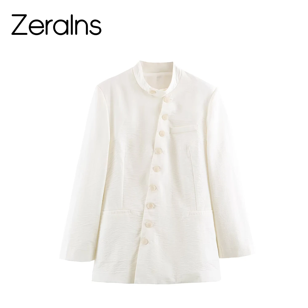 ZERAINS Summer new women's French commuting style long sleeved high necked double breasted breasted suit jacket