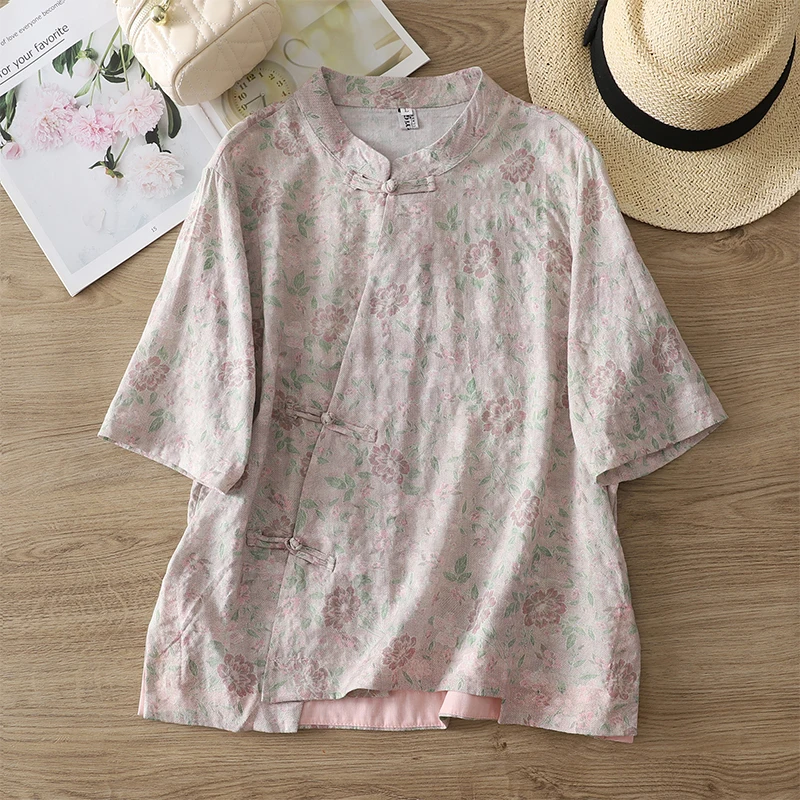 

Новая летняя женская хлопковая футболка больших размеров ort Sve с воротником-стойкой и пуговицами, винтажный принт, свободный крой Faion Ciwalk