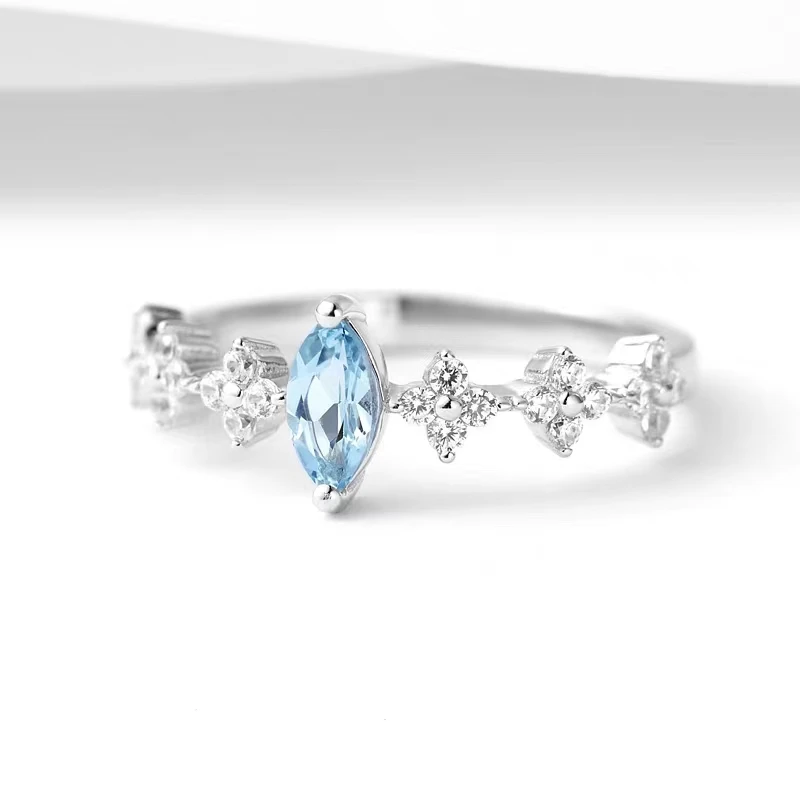 Pure natural aquamarine S925 silver crown ring original design temperament sweet and elegant women's model