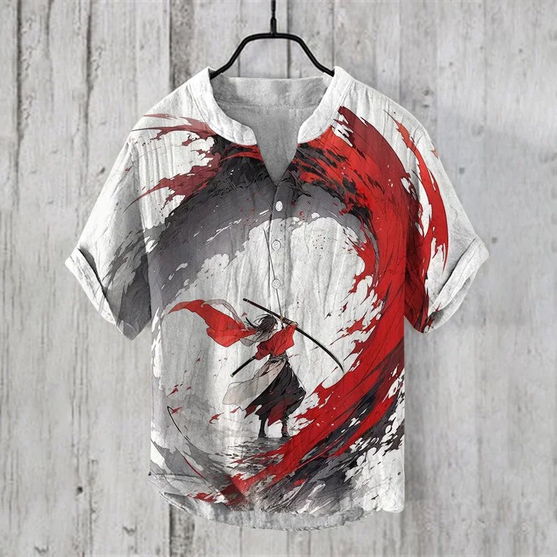 2024 Summer Japanese Swordsman Pattern Printed High Quality Men's Samurai Short Sleeve Linen Shirt Button Top for Street Wear