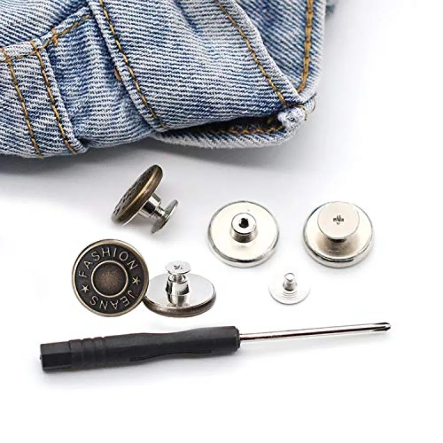 17mm No Sewing Jeans Buttons Replacement Kit, 12 Sets, 0.67 inch Metal Base, Nailess Removable, Thread Rivets and Screwdrivers