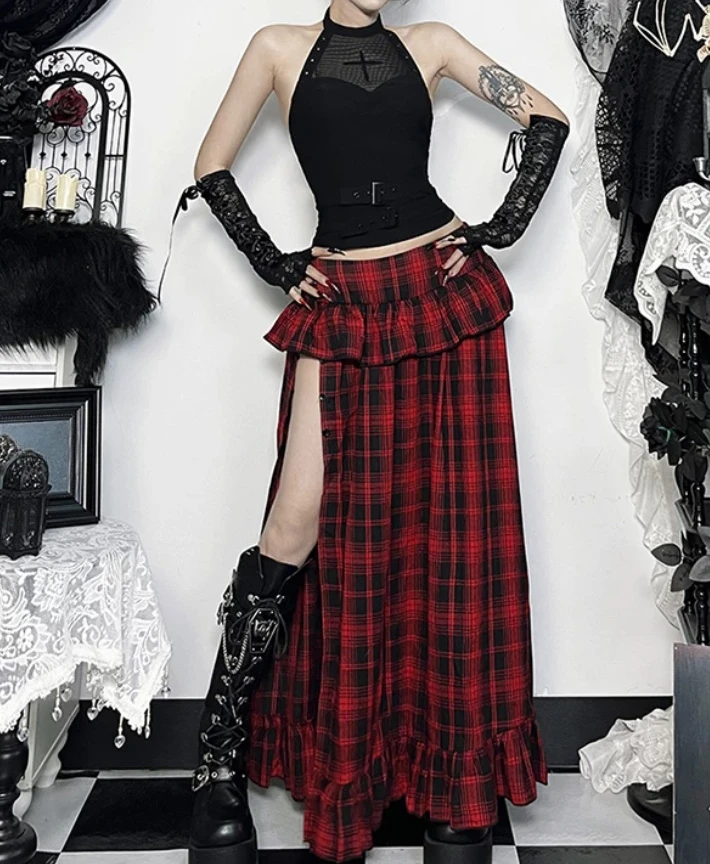 Personalized Subculture Irregular Plaid Black Red Slim Long Skirt Fashion High Waist A-line Versatile Sexy Elegant Split Skirts