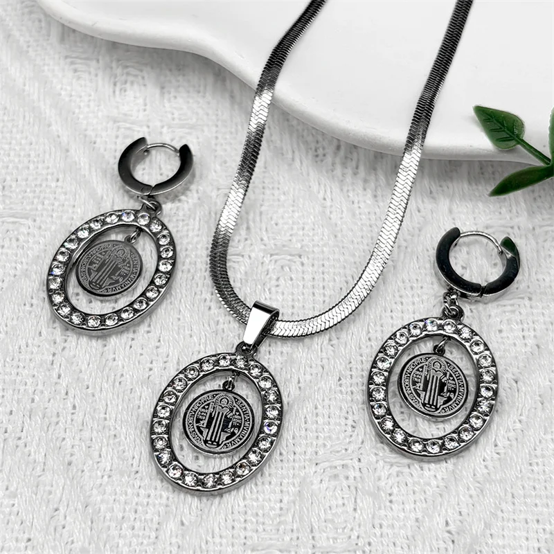 

Crystal Saint Benedict Medal Necklace Earring Set Women Men Stainless Steel Silver Color Chain Amulet Jewelry Sets San Benito