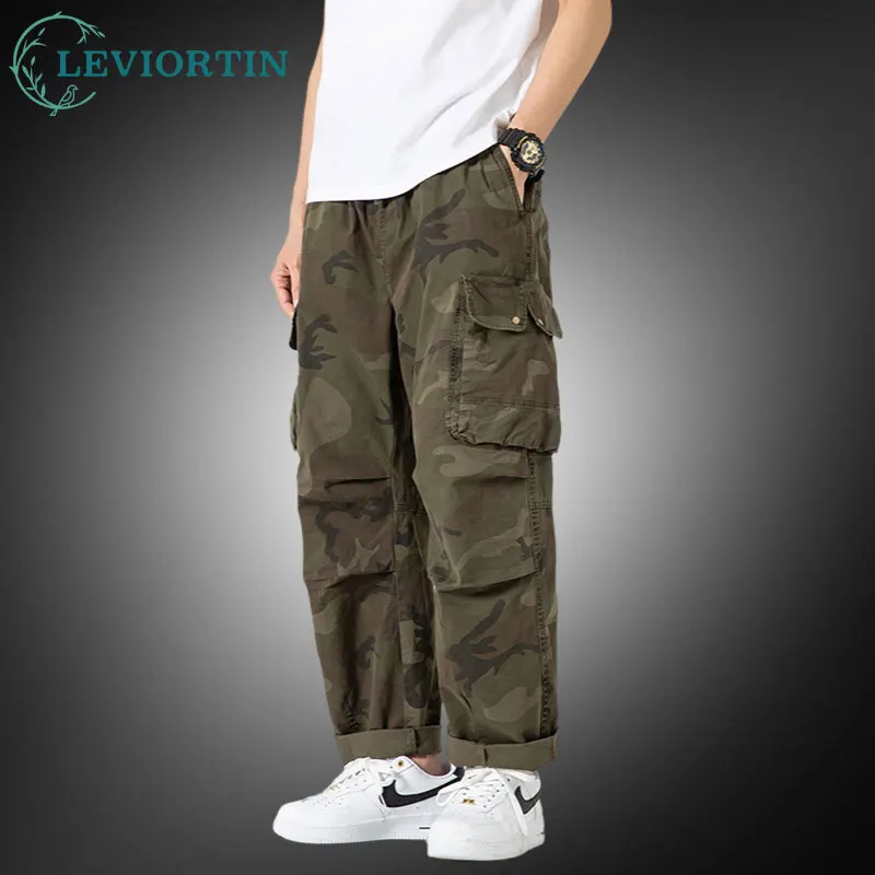 Men's Casual Military Camouflage Cargo Pants Multi Pockets Loose Straight Leg Combat Trousers Outdoor Tactical Camo Work Pants
