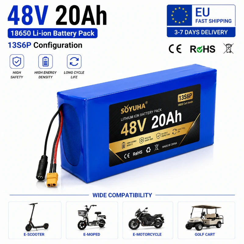 48V 20Ah Lithium-Ionen-Akku 13S6P 18650 Zellen E-Bike-Akku Hochkapazitäts-Wiederaufladbarer Li-Ionen-Akku Smart BMS XT60 JST-Anschluss Elektrofahrrad-Roller EU-Lager Schneller Versand