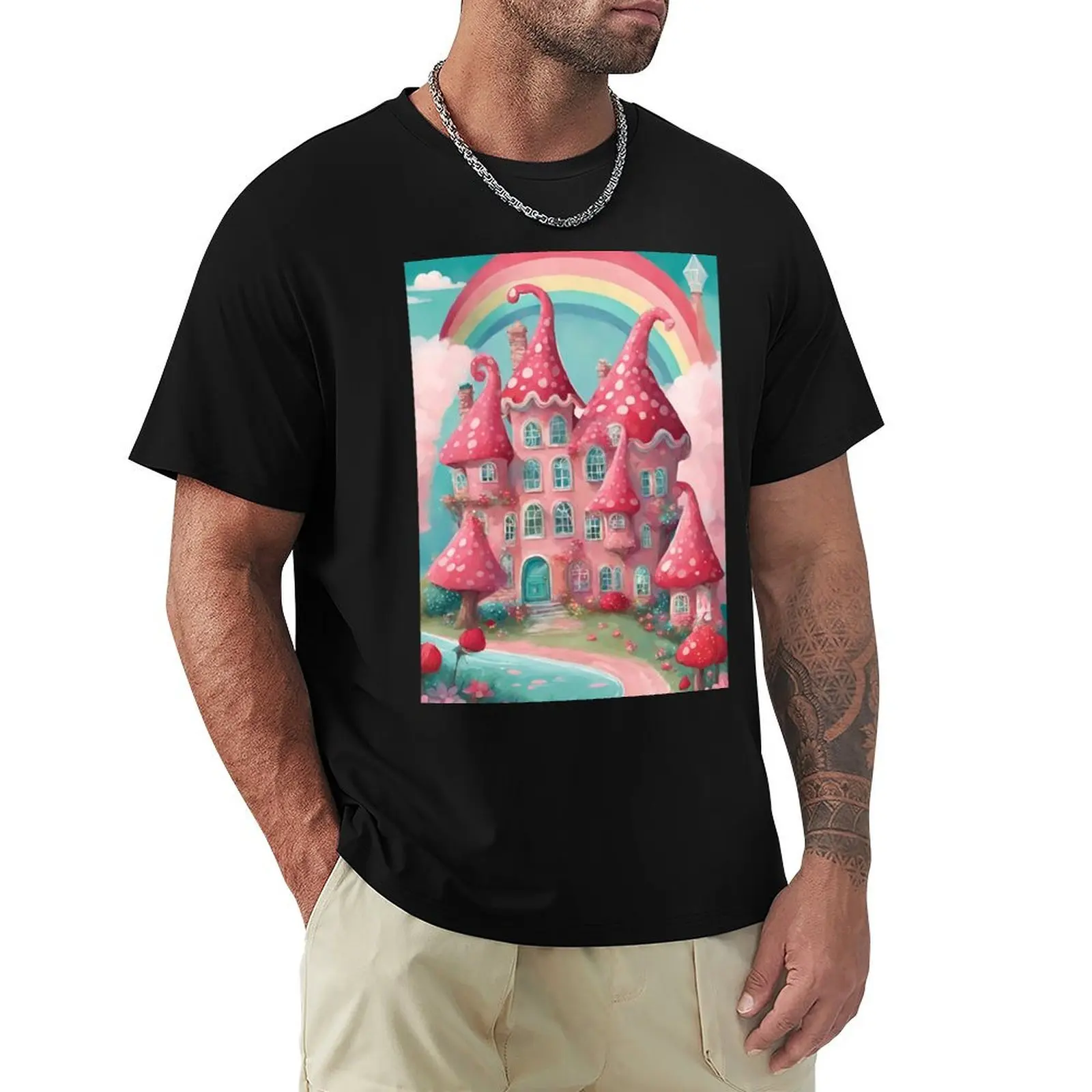 Sweet pink fantasy house, cute fairy tale house, gnome castle, mushroom house T-Shirt Simple Graphic Design T-Shirt