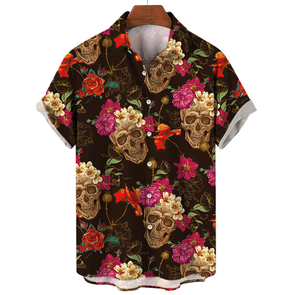 Vintage Hawaiian Men's 3D Printed Shirt Summer Skull Head Large Casual Short Sleeved Dress for Comfort and Breathability