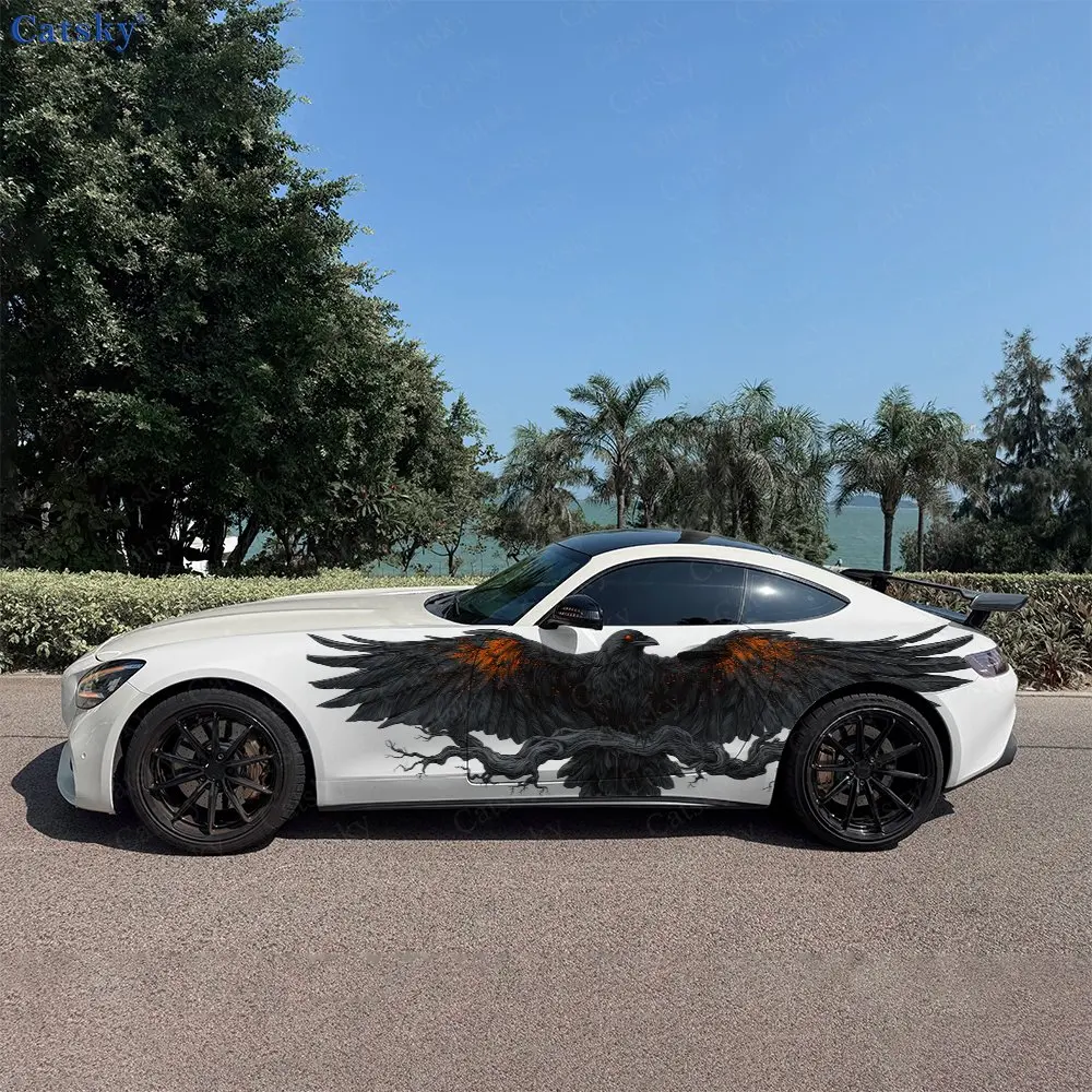 2pcs Orange Pattern Giant Raven Car Side Wraps, Self-Adhesive PVC Waterproof & Scratch-Resistant Stickers, Car Accessory Gift