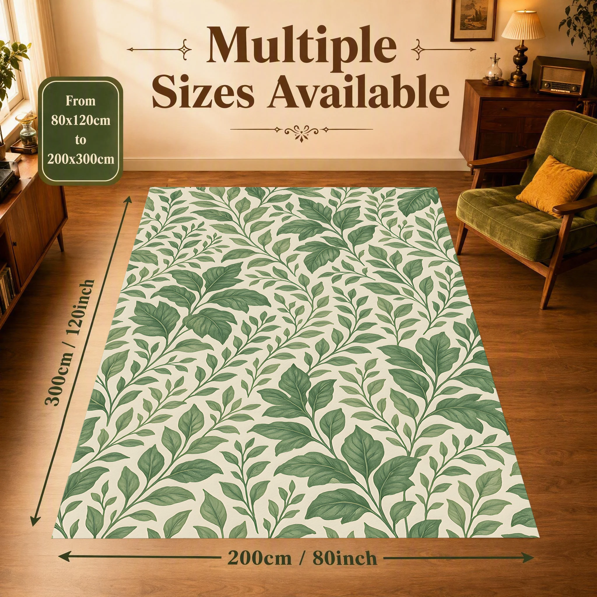 2D Carpet with All-Over Green Branch Pattern in Retro Forest Style for Living Room, Bedroom, and Bedside