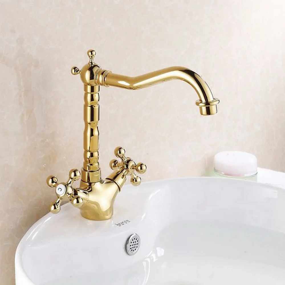 

Luxury Gold Color Brass Bathroom Basin Mixer Tap Swivel Spout Faucet Deck Mounted Dual Handle tsf096