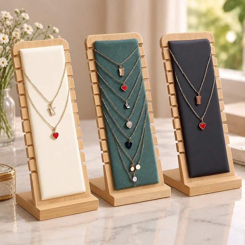 Vertical Bamboo Stand for Necklace Display, Perfect for Organizing Jewelry in Stores or Home Settings