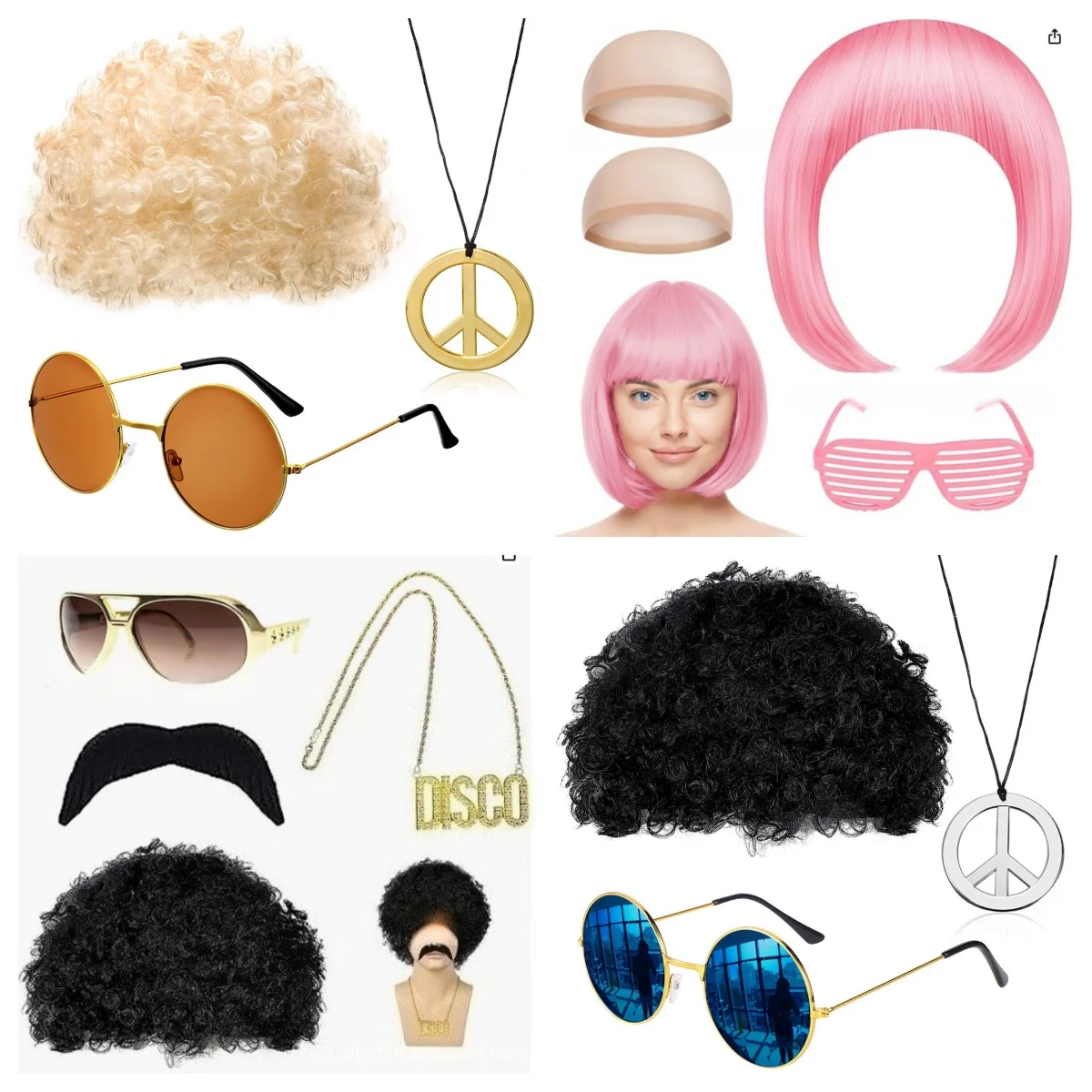

Hippie Costume Accessory Set With Curly Afro Wig Sunglasses Peace Sign Necklace For Halloween Carnival Party