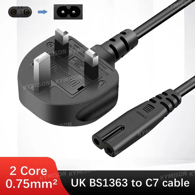 UK Plug 2 Prong Connector Power Cable 2*0.75mm² Electrical Copper Wire White Black 1m 1.5m Charging Line For PC Laptop