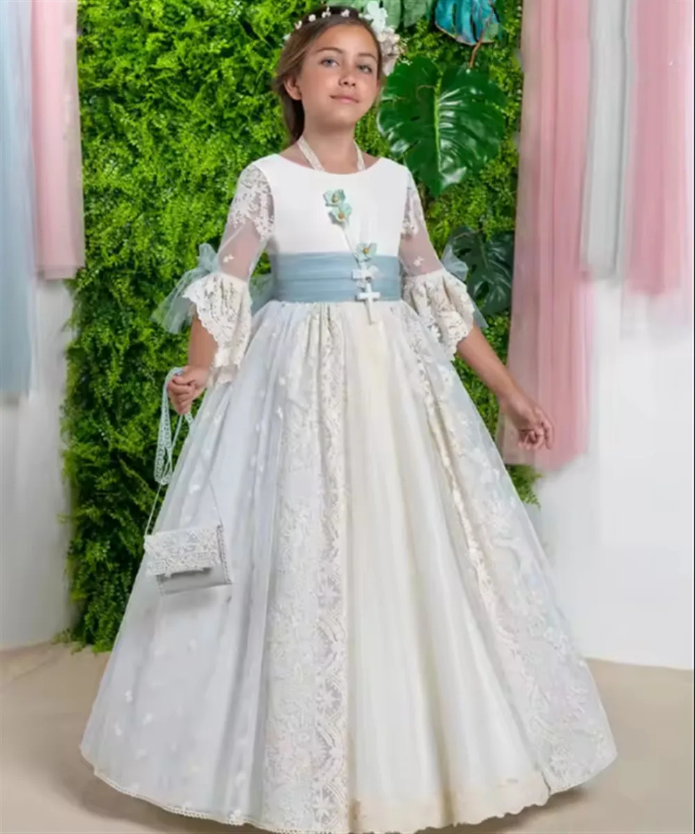 

Customized Flower Girl Wedding Dress Bow Three Quarter Sleeves Appliques Lace Floral Belt Fairy Girl Communion Birthday Gown