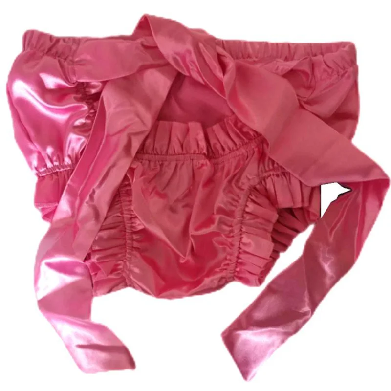 French Sexy Adult Customized Fetishism Crossdressing Sissy Pink Satin Back Waist Tie Bow Elastic Waist Shorts