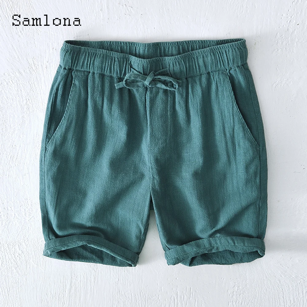 Samlona Men Fashion Linen Shorts 2022 Summer New Sexy Lace-up Skinny Shorts Plus size 4xl Male Casual Beach Short Pants Green