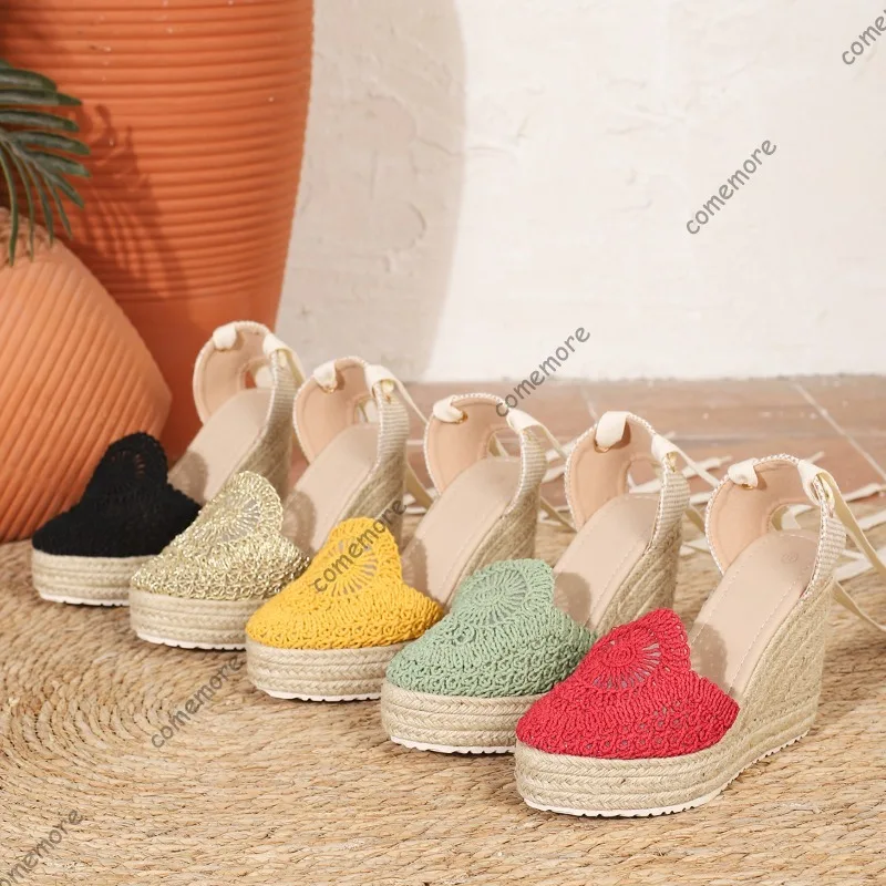 Sandalias de cuña de esparto con encaje de ganchillo para mujer, con cordones en el tobillo, plataforma de yute tejida, estilo bohemio, zapatos de verano, Zapatos Mujer