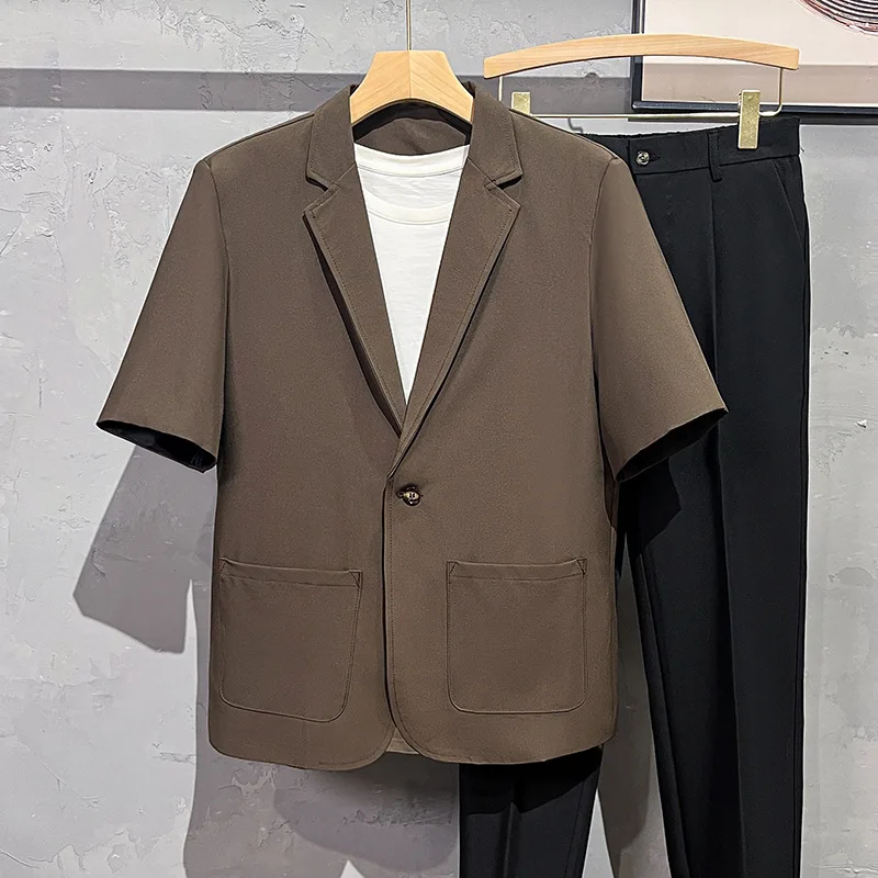 

KIDWHXR Summer Men Blazer Thin Three Quarter Sleeve Male Suit Coat Loose Breathable Single-breasted Pocket Casual Man Outerwear