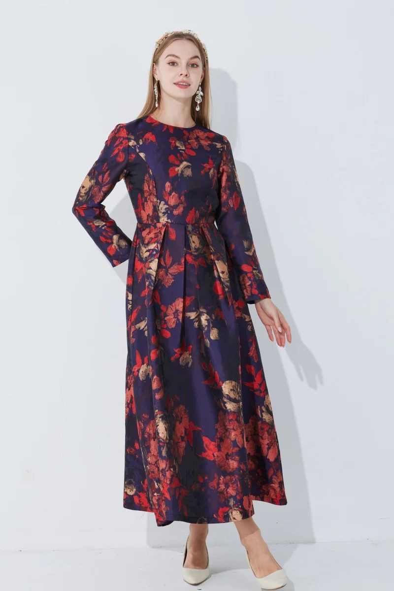 Robe maxi à manches longues pour femmes, vêtements de fête vintage pour dames, robe musulmane jacquard florale, mode bohème élégante, automne