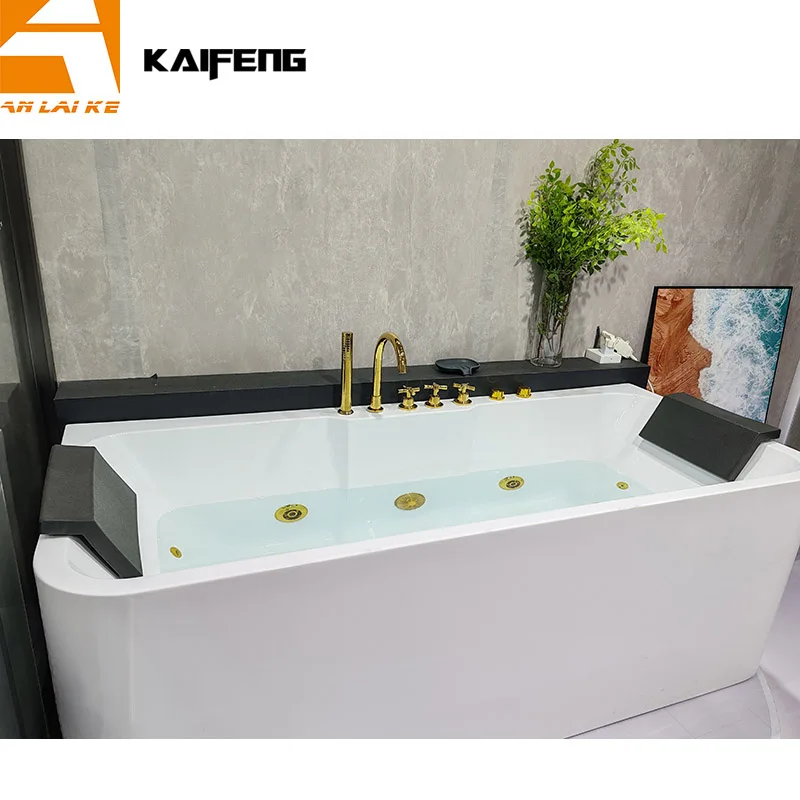 Modern Lucite Acrylic Freestanding Whirlpool Bathtub White Seamless Standalone Bath Back to Wall with Head Rest Golden Valve