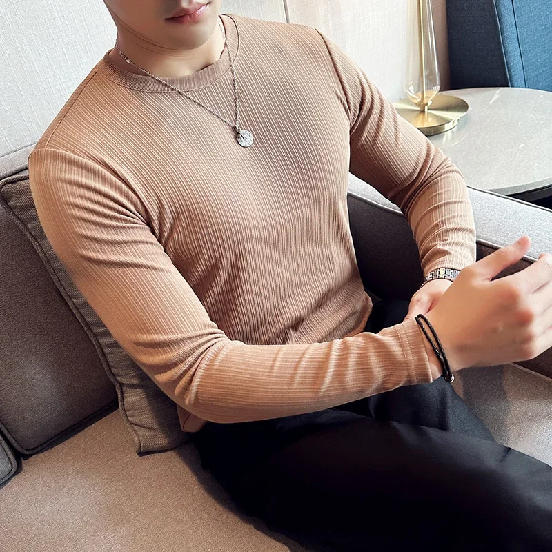 Men\'s Spring Casual Long Sleeve T-shirts/Male Fashion Slim Fit Round Neck Striped T-shirt Man Tees Plus size 4XL-M