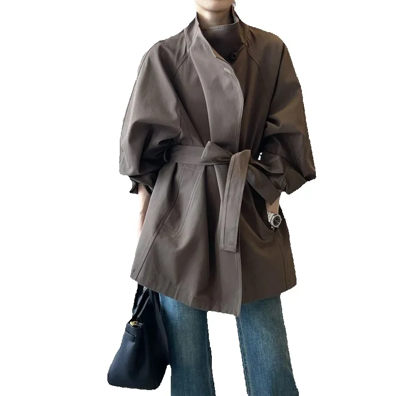 

Spring Autumn Mid-Long Windbreaker Women 2025 New Fashion Loose Casual Jacket Pure Colour Collar Coat Outerwear Female