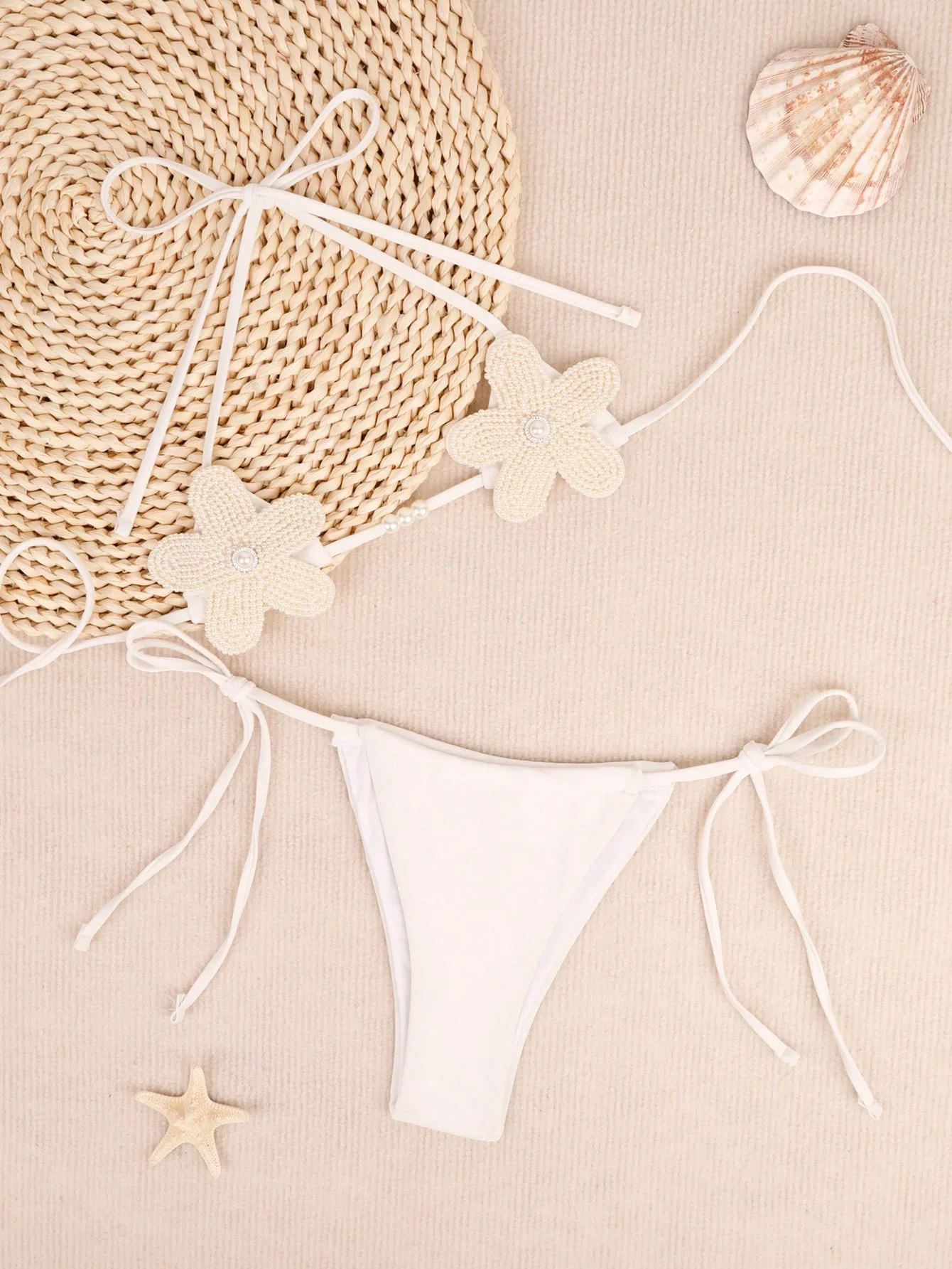 

Women Pearl Flowers Bra Brief Suit Chic Backless Erotic Lingerie Lace Up Panties Sweet Two Pieces Fasion Underwear Set
