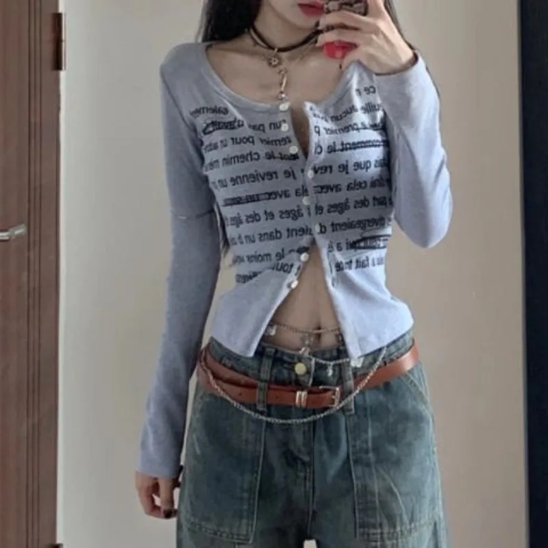 Deeptown Y2k Vintage Long Sleeve T-shirts Woman Korean Style Cropped Knit Cardigans Gyaru Casual O-neck Tops 2000s Letter Print