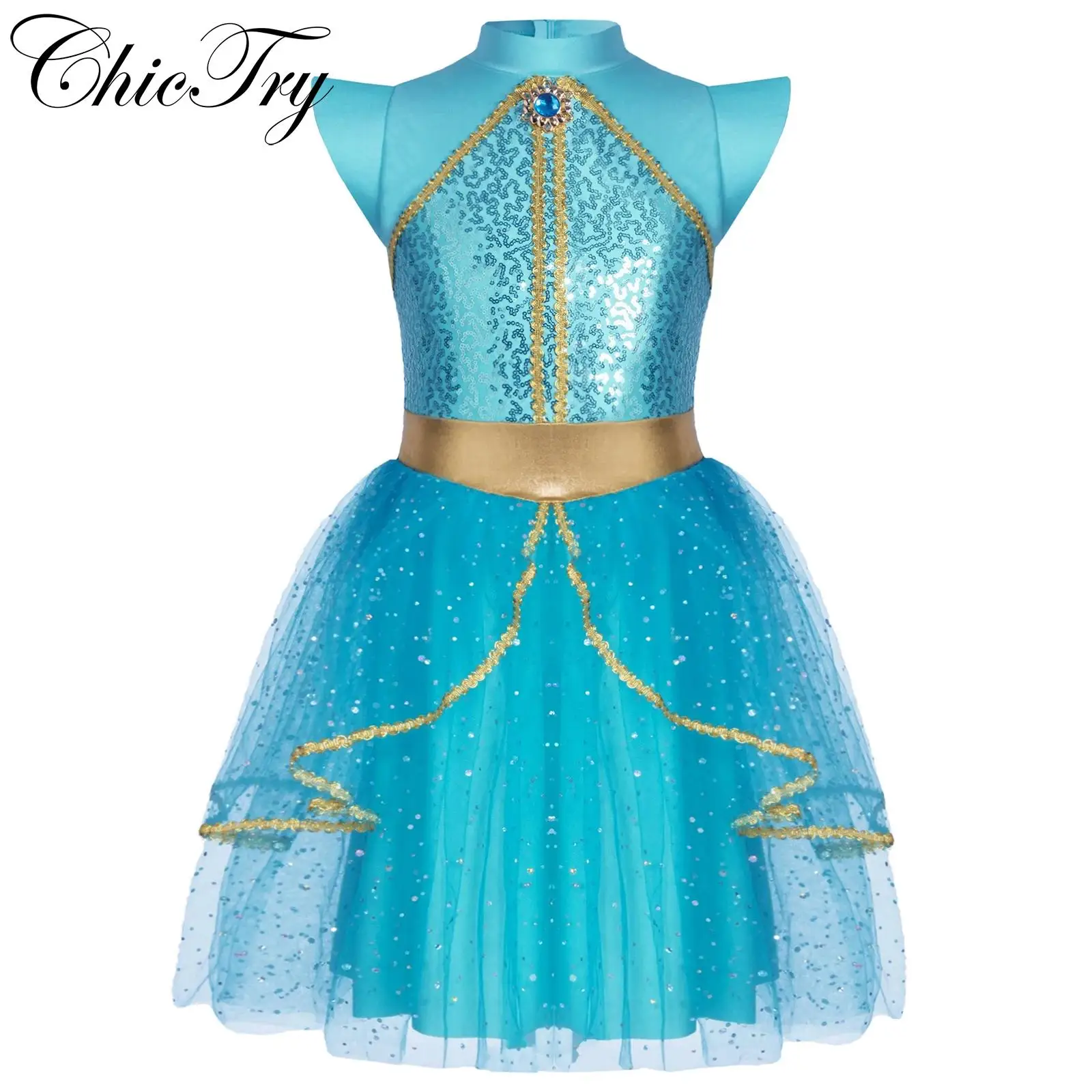 

Kids Girls Arabian Princess Costumes Halloween Jasmine Cosplay Dress Fancy Tulle Rhinestone Golden Woven Tape Sequins Dress Up