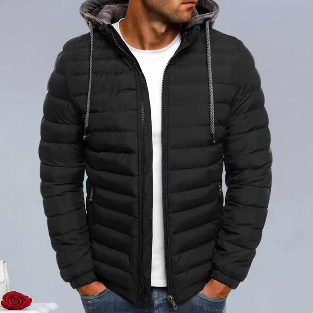 Jacket Coat Men's Hooded Cotton Winter Jacket With Zipper Closure Pockets Lightweight Solid Color Outwear For Weather Versatile