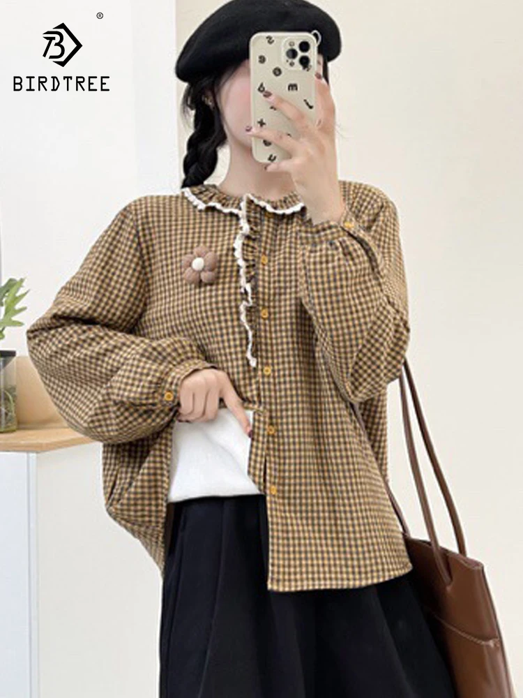 

Новая женская хлопковая флисовая рубашка с длинным рукавом, весна 2026, с рюшами и клетчатым узором, в японском стиле Mori Girl, теплая свободная блузка T62361CC