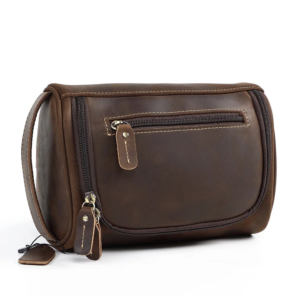 Luxury Top-Grain Leather Men's Handbag Vintage Retro Zippered Toiletry Organizer Pouch - Multi-Functional European Style Handhel