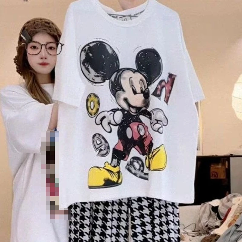 

Plus Size Mickey Mouse Print T-Shirt, Korean Style 100% Cotton Summer New, Women's Stylish Loose Casual Short Sleeve Top
