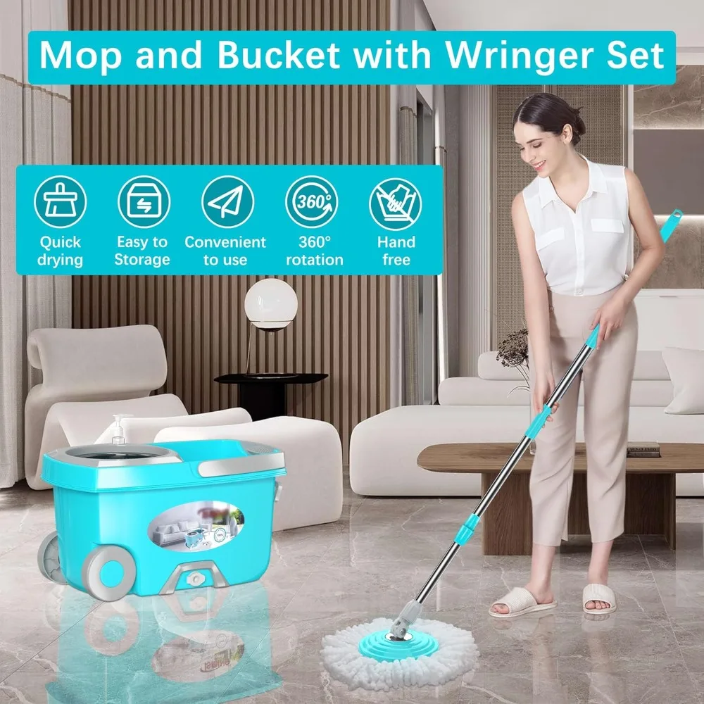 Spin Mop and Bucket,Mop and Bucket with Wringer Set for Home,360 Spinning Mopping Floor Cleaning Tool with 6 Microfiber