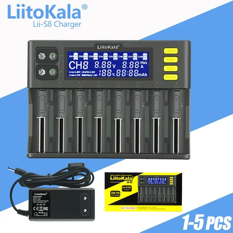 LiitoKala Lii-S8 carga multifunción de batería para Li-Ion 3,7 V NiMH 1,2 V Li-FePO4 3,2 V IMR 3,8 V 18650 26650 21700 26700 AA AAA